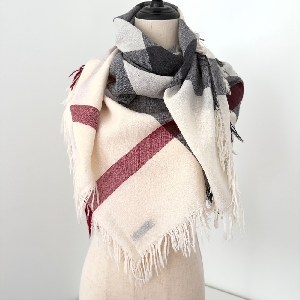 Burberry Checkered Wool Scarf in Cream, Gray, and Red